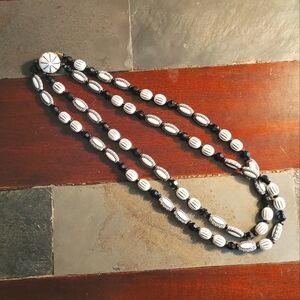 West Germany Black & White Double Strand Plastic Beaded Necklace EUC